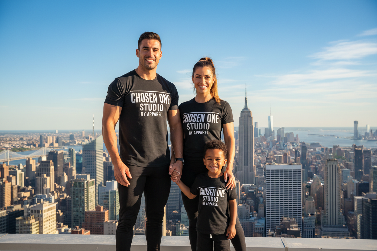 A muscular fit couple and a kid wearing a gym shirt saying chosen one studio NY apparel , nyc background 